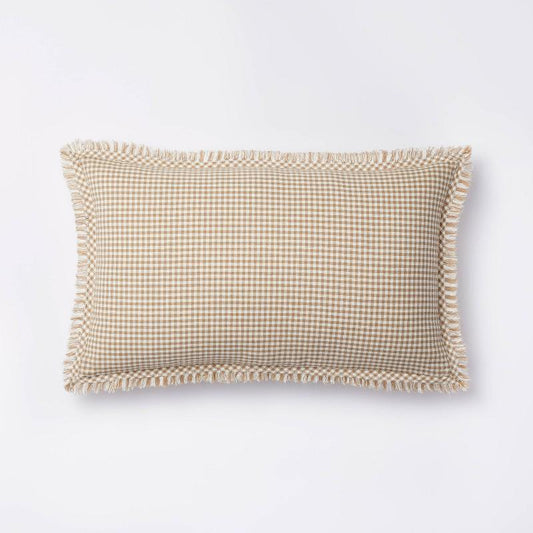 Oblong Gingham with Hemstitch and Raw Edge Decorative Throw Pillow Camel - Threshold designed with Studio McGee: Cotton Cylinder Bolster
