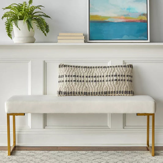 Daveeda Velvet Bench White - Buylateral: Gold Metal Frame, Cushioned, Modern Ottoman