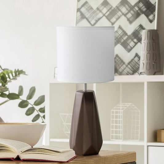 Ceramic Prism Table Lamp Brown - Simple Designs: Glossy Finish, White Drum Shade, ETL Listed, No Assembly Required