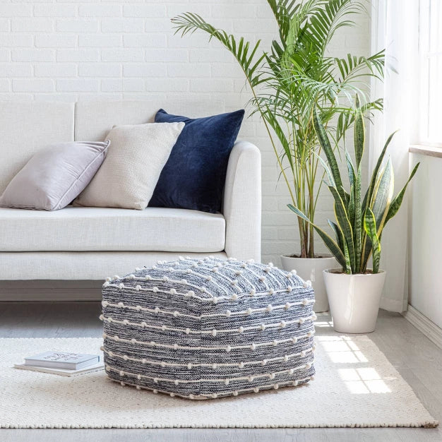 Penelope Pouf Ottoman Blue/Ivory - Anji Mountain: Handmade, Square, Stripe Pattern, No Assembly Required