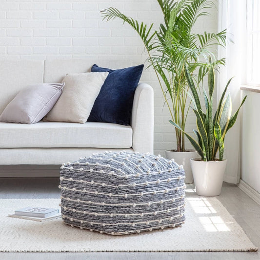 Penelope Pouf Ottoman Blue/Ivory - Anji Mountain: Handmade, Square, Stripe Pattern, No Assembly Required