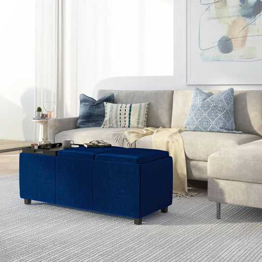 WyndenHall Franklin 42" Wide Contemporary Rectangle Storage Ottoman in Blue Velvet Fabric, Assembled