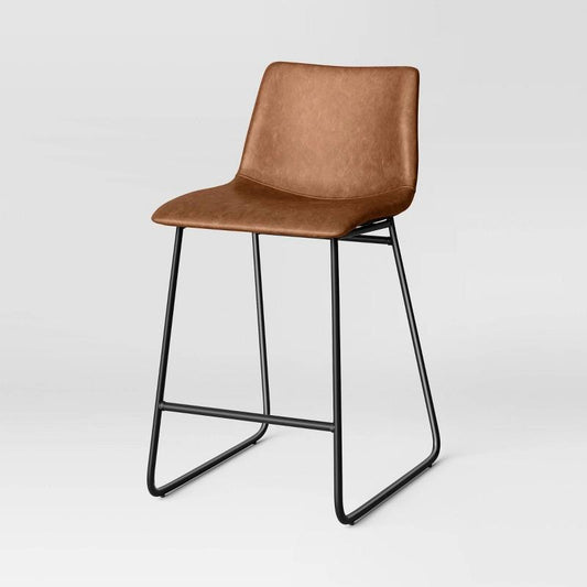 Bowden Faux Leather Counter Height Barstool Caramel - Threshold: Modern Square Upholstered, Metal Legs