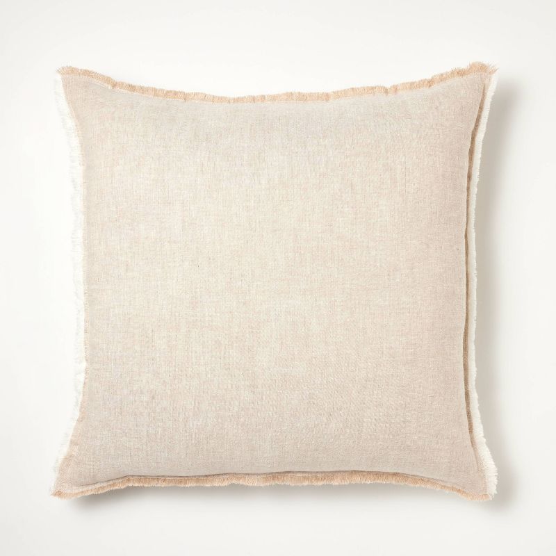 Oversized Reversible Linen Square Throw Pillow with Frayed Edges Beige - Threshold designed with Studio McGee