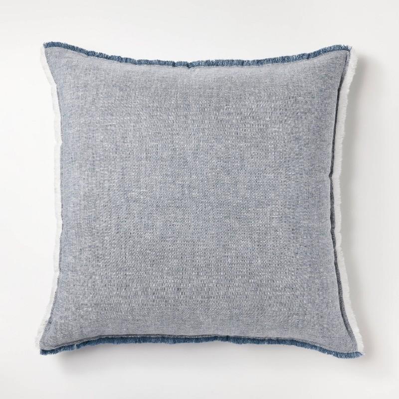 Oversized Reversible Linen Square Throw Pillow with Frayed Edges Blue - Threshold designed with Studio McGee: Indoor Comfort, Zipper Closure