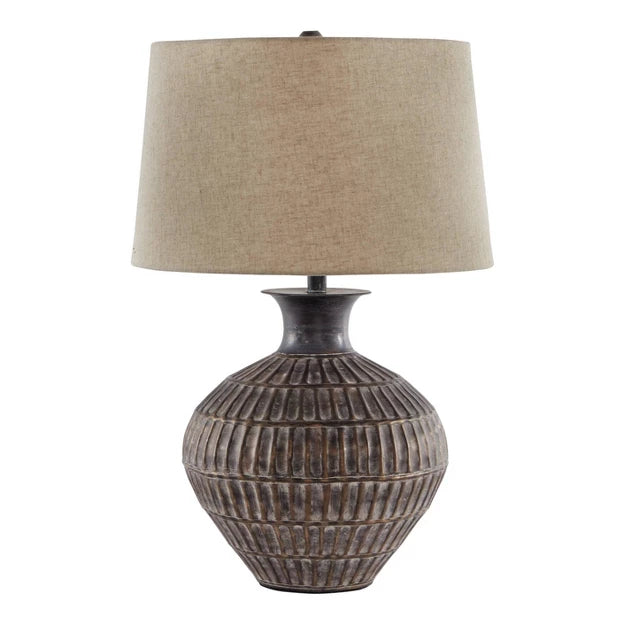 Magan Metal Table Lamp Antique Bronze - Signature Design by Ashley: Textured Base, UL Listed, Beige Shade