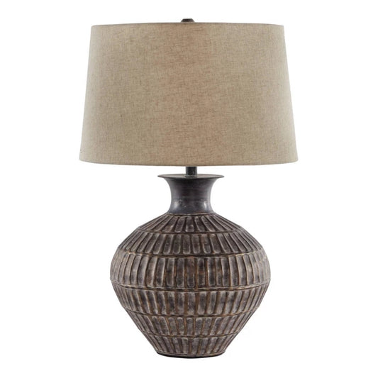 Magan Metal Table Lamp Antique Bronze - Signature Design by Ashley: Textured Base, UL Listed, Beige Shade