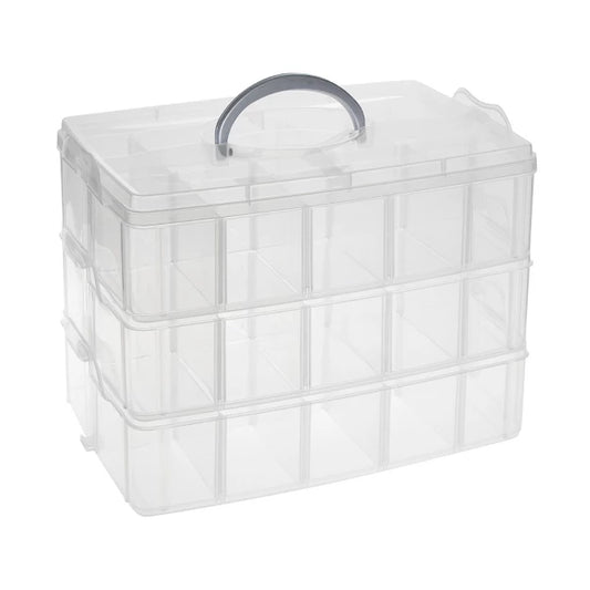 Bright Creations 3-Tier Stackable Craft Storage Box for Beads, Sewing Notions (9.5 x 6.5 x 7.2 In, 30 Compartments, 40 Labels)
