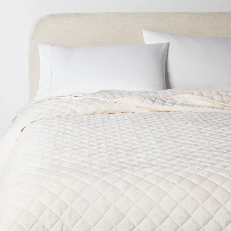 King Luxe Diamond Stitch Velvet Quilt Ivory - Threshold: OEKO-TEX Certified, Polyester Fill, Machine Washable