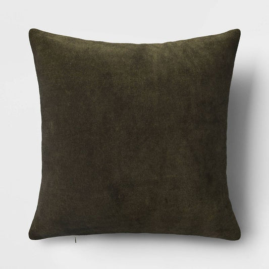 Washed Cotton Velvet Square Throw Pillow Green - Threshold: Indoor Decorative Cushion, Zippered Cover, Polyester Fill