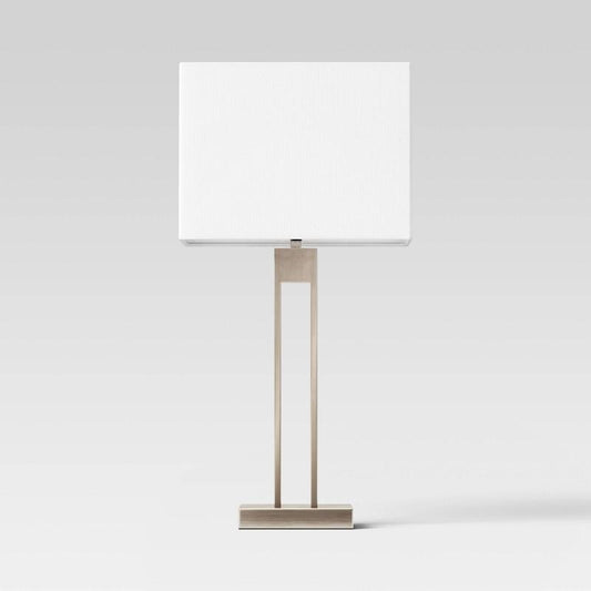 Window Pane Table Lamp with USB Nickel - Threshold: Modern Metal Body, Linen Cylinder Shade, ETL Listed