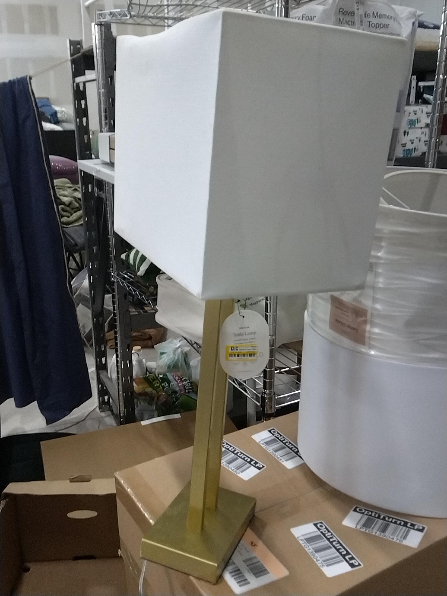 Window Pane Table Lamp with USB Brass - Threshold: Modern Metal Body, Linen Cylinder Shade, ETL Listed