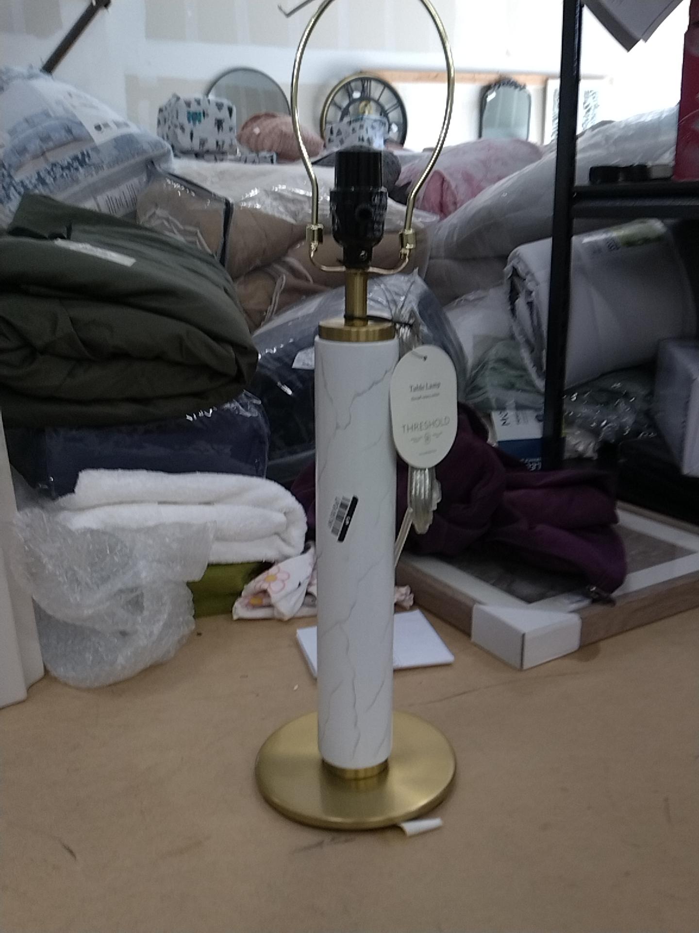 Faux Marble Stick Table Lamp White - Threshold: Gold Base, Linen Drum Shade, No Assembly Required