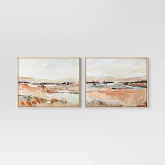 (Set of 2) 24" x 30" Faded Landscape Framed Wall Canvases Natural - Threshold: Polystyrene Frame, Blockprint Art (Please be advised that sets may be missing pieces or otherwise incomplete.)