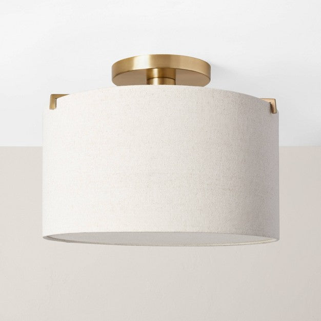 Fabric Shade Semi-Flush Mount Ceiling Light Brass/Oatmeal - Hearth & Hand with Magnolia: Modern Iron Body, ETL Listed