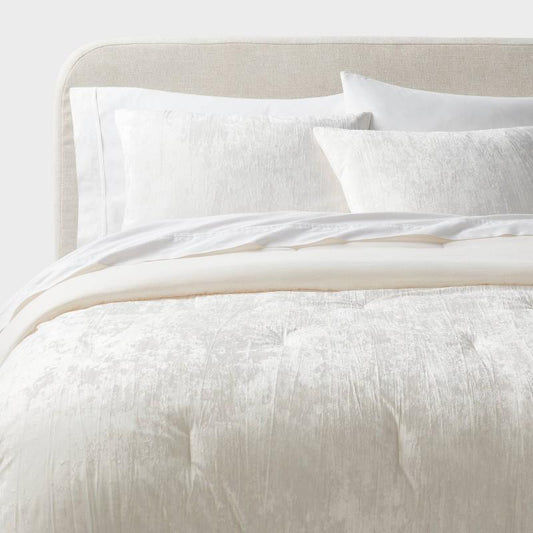 3pc Full/Queen Luxe Distressed Crinkle Velvet Comforter and Sham Set Ivory - Threshold: OEKO-TEX Certified