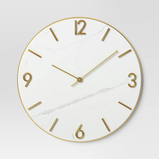 26" Faux Marble Finished in Polished Brass Wall Clock White - Threshold: Elegant Timepiece for Indoor Use