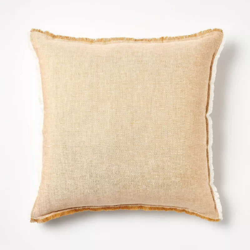 Oversized Reversible Linen Square Throw Pillow Dark Tan - Threshold designed with Studio McGee: Fringed, Chambray Texture, Indoor Use