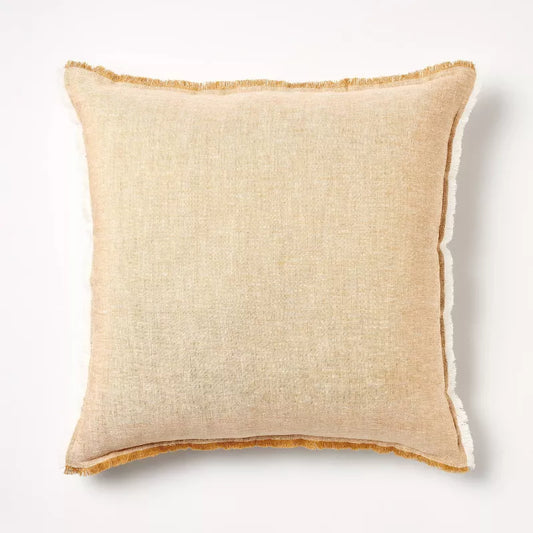 Oversized Reversible Linen Square Throw Pillow Dark Tan - Threshold designed with Studio McGee: Fringed, Chambray Texture, Indoor Use