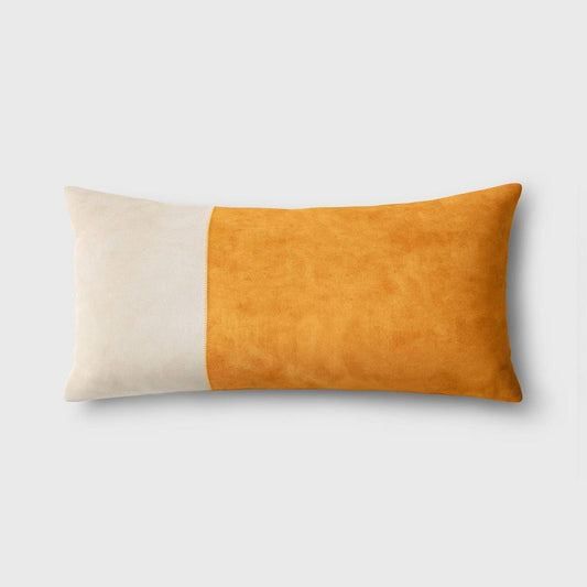 Oversized Colorblock Pieced Suede Lumbar Throw Pillow Gold/Neutral - Threshold: Modern Rectangular Design, Zippered