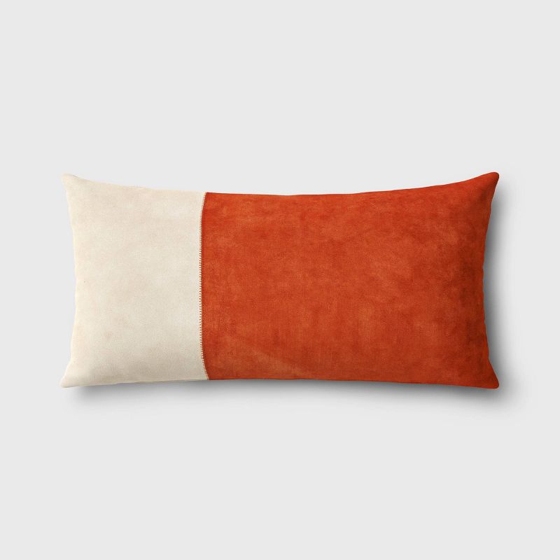 Oversized Colorblock Pieced Suede Lumbar Throw Pillow Orange/Neutral - Threshold: Soft Faux-Suede, Removable Cover, Indoor Use