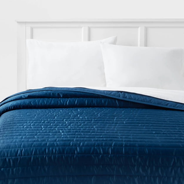 Twin/Twin Extra Long Satin Quilt Dark Blue - Room Essentials: Midweight Sateen Coverlet, Machine Washable