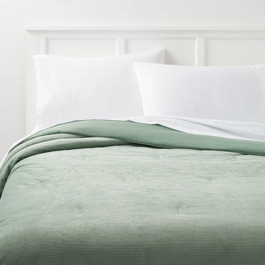 Full/Queen Corduroy Plush Comforter Sage Green - Room Essentials: Eco-Friendly, Teen Bedding, Machine Washable