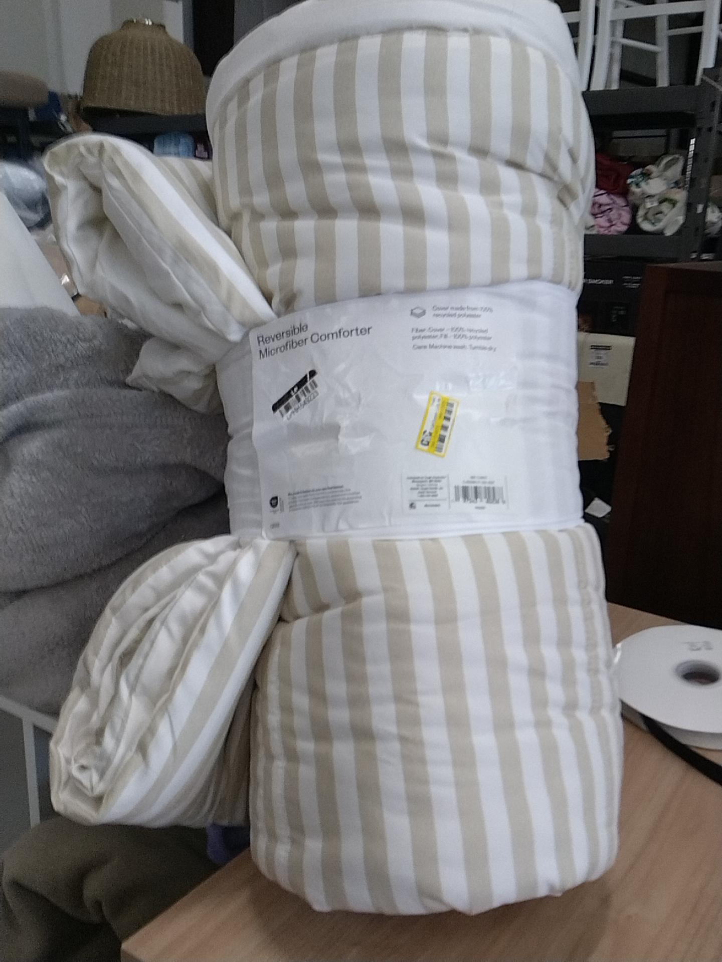 Full/Queen Lofty Microfiber Printed Comforter Khaki/White Striped - Room Essentials: Year-Round Bedding, Teen-Friendly, OEKO-TEX Certified