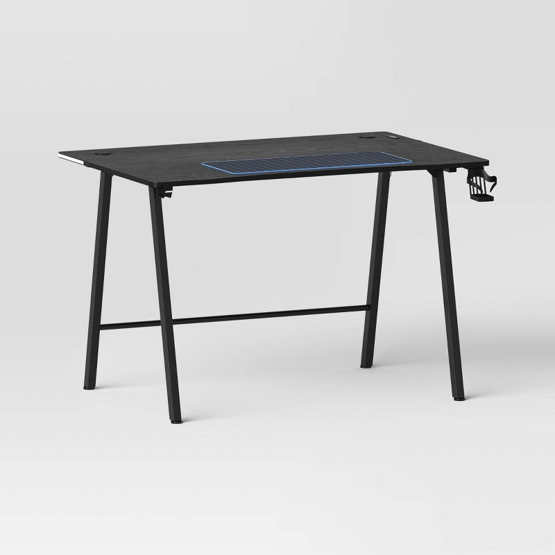 Gaming Steel Dorm Desk with LED Lights and Headphone Holder Black - Room Essentials: Ergonomic Design, Iron Frame, Wood Veneer Surface