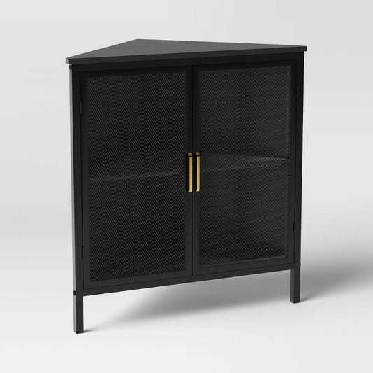 Mesh Corner Cabinet Black - Threshold: Sleek Metal Storage with Golden Handles, V-Shaped Design