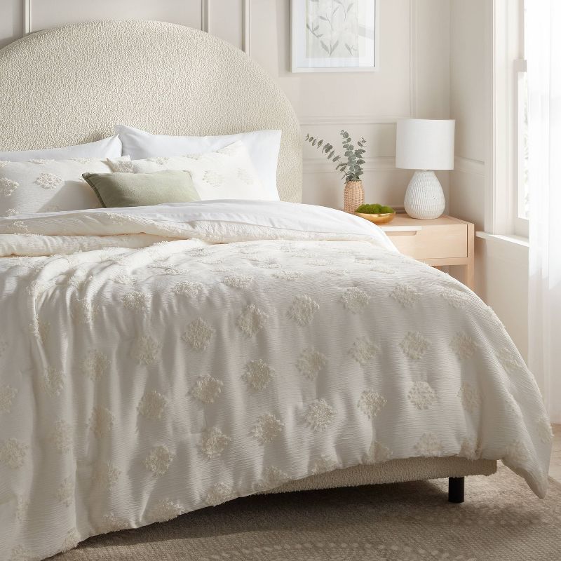 King Tufted Diamond Crinkle Comforter and Sham Set Ivory - Threshold: OEKO-TEX Certified, Jacquard Weave, Recycled Materials