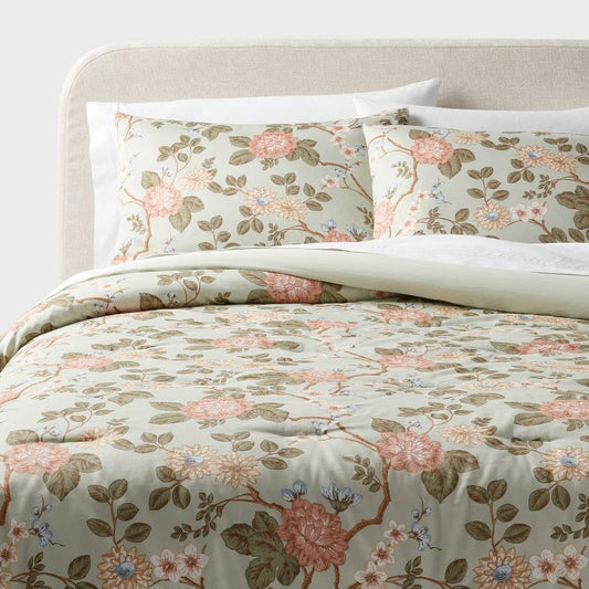 Full/Queen Floral Print Comforter and Sham Set Light Sage Green/Light Pink/White - Threshold: 310 Thread Count, Cotton Sateen