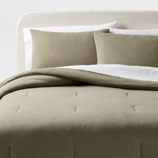 3pc Full/Queen Jersey Comforter and Sham Set Dark Olive Green Heather - Threshold: Knitted, Zipper Closure, Machine Washable