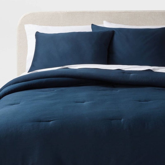 Twin/Twin Extra Long Washed Cotton Sateen Comforter and Sham Set Dark Navy - Threshold: 250 Thread Count, OEKO-TEX Certified