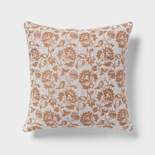 Woven Floral Decorative Pillow Euro Brown - Threshold: Cotton Fabric, Indoor Square Cushion, OEKO-TEX Certified