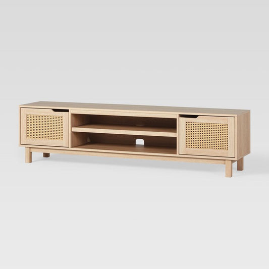 Modern Boho Storage TV Stand for TVs up to 80" with Rattan Doors Coastal Oak - Saracina Home: Media Console with Shelves