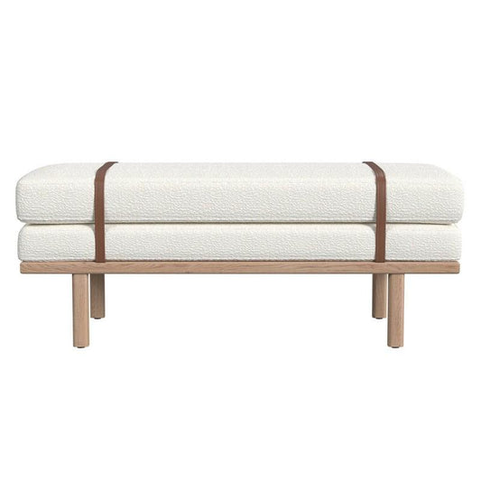 HomePop Upholstered Bench Cream Boucle/Natural: Wood Legs, Faux Leather Strap, Multipurpose Use