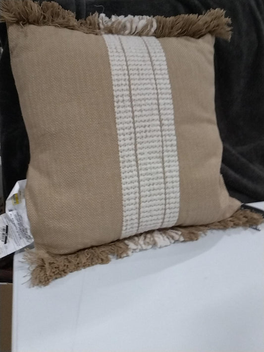 Woven Striped Square Throw Pillow Neutral/Cream: Fringed Trim, Cotton, Indoor - Threshold designed with Studio McGee