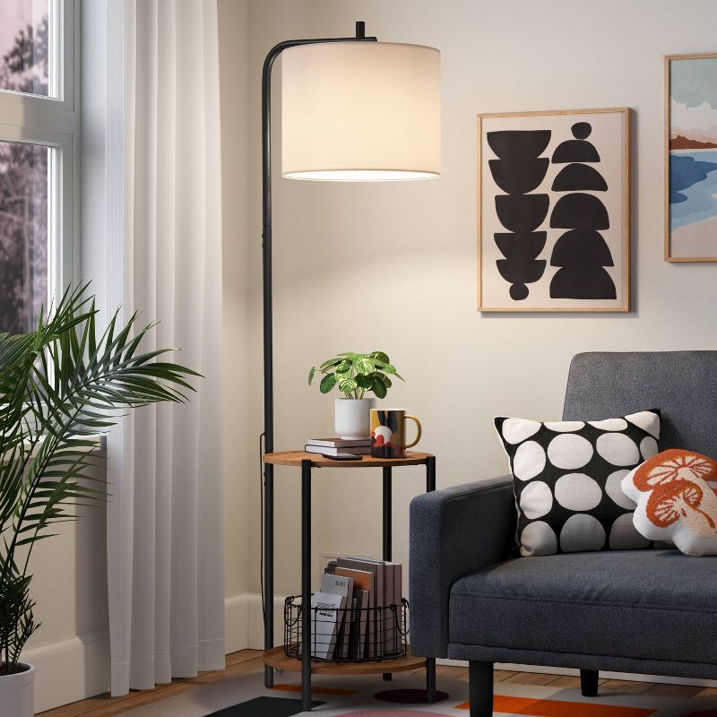 Floor Lamp with Table Natural Wood - Room Essentials: ETL Listed, Linen Shade, Metal Body, 60" Height