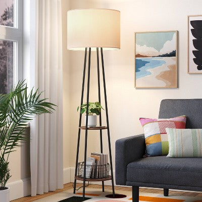 Floor lamp with Shelves - Room Essentials: Black Metal, Linen Shade, ETL Listed, 62" Height