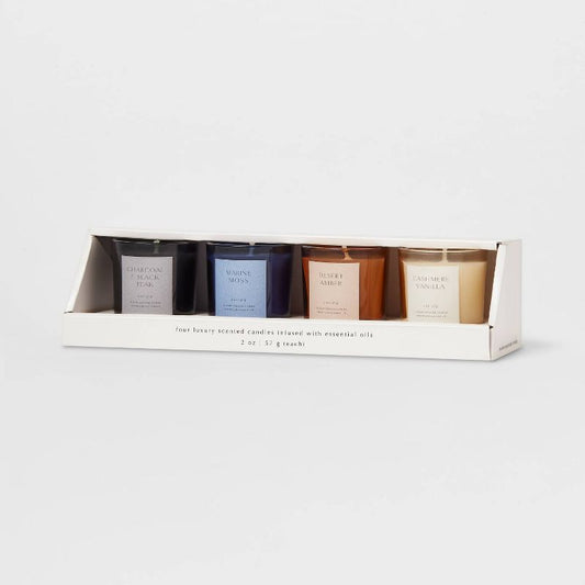 4pk Cashmere Vanilla And Watermint And Eucalyptus + Desert Amber And Charcoal And Black Votive Eak Candle Gift Set - Threshold™ : Target