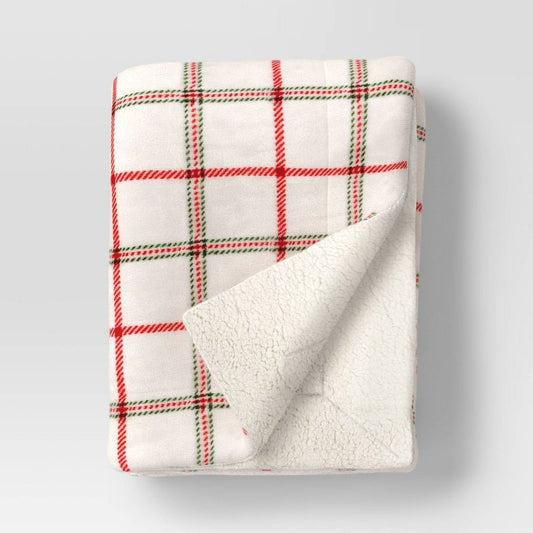 50"x60" Plaid Printed Plush Throw Blanket Faux Shearling Reverse Ivory/red/green - Threshold™ : Target