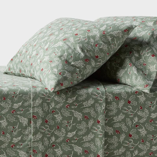 King Ultra Soft Holiday Flannel Sheet Set Green Holly - Threshold™ : Target