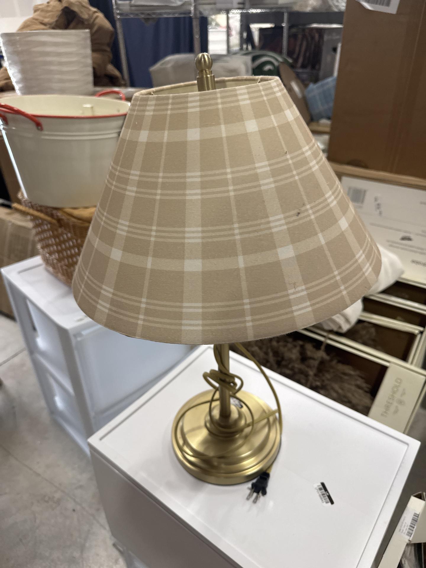 23" Brass Accent Table Lamp with Classic Plaid Shade Cream/Tan - Hearth & Hand with Magnolia