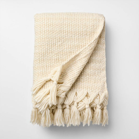 50 x 60 Throw Mixed Yarn Woven with Crossed Tassels Cream and Khaki - Threshold Design with Studio McGee