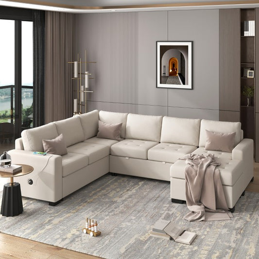 108" Pull-Out Sleeper Sofa Couches, Upholstered Modular Sectional Sofa with USB and Type-C Interfaces, Beige-ModernLuxe