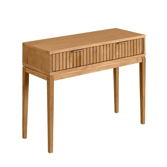 Nathan James Boho Wood Fluted 2 Drawers Console Table: Tapered Legs, Brass Handles, Mid-Century Modern