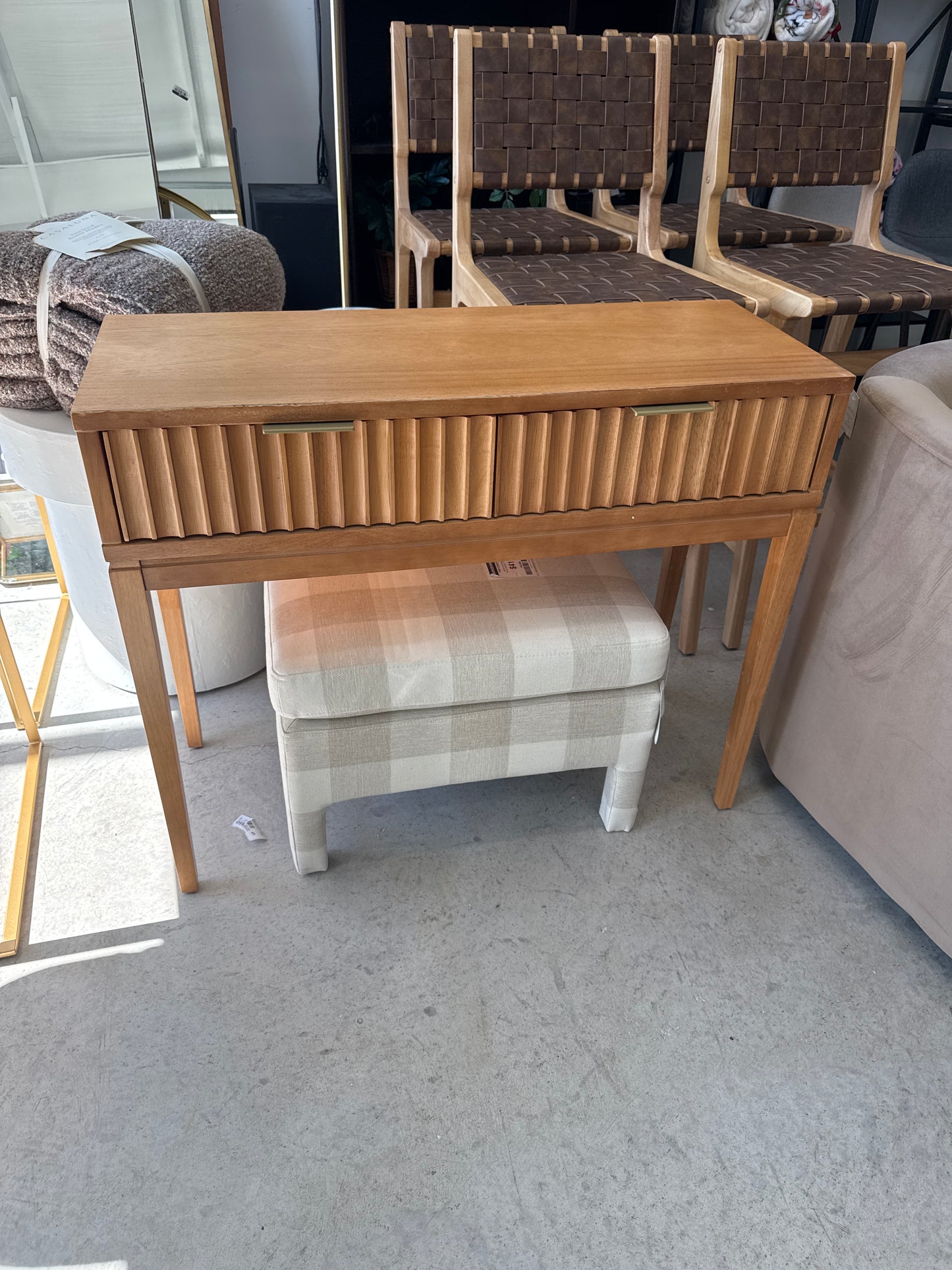 Nathan James Boho Wood Fluted 2 Drawers Console Table: Tapered Legs, Brass Handles, Mid-Century Modern