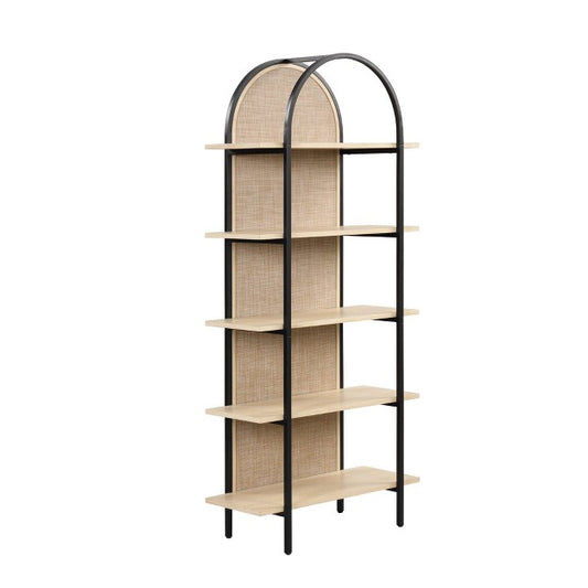 Nathan James 71" Amara Rattan 5 Shelves Etagere Bookshelf Light Oak/Matte Black: Metal Frame, 13+ Age, No Tools
