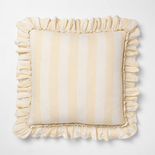 Square Pillow Big Stripe with Ruffle Pale Yellow and Cream - Threshold Design with Studio McGee